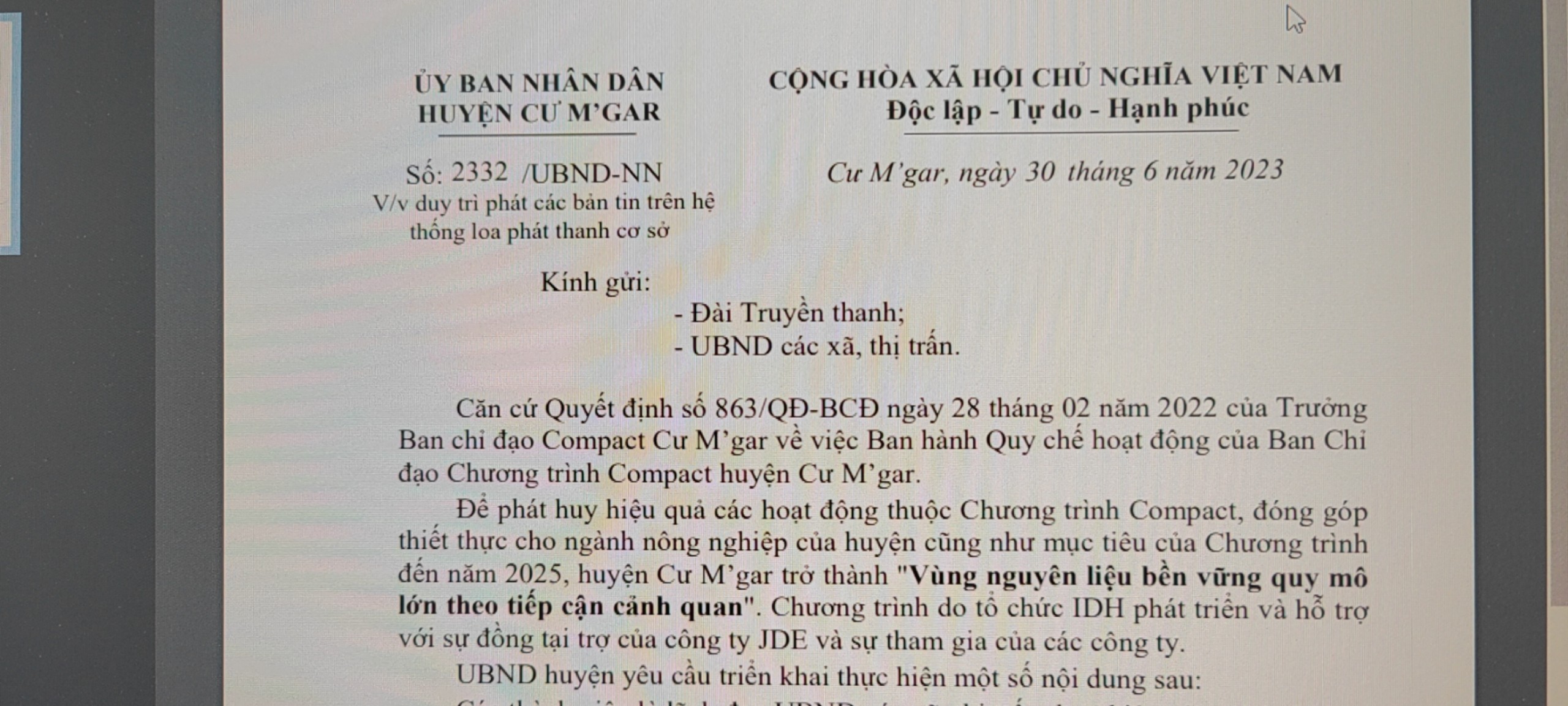 CV UBND huyện về việc duy trì phát các bản tin trên hệ thống loa phát thanh cơ sơ